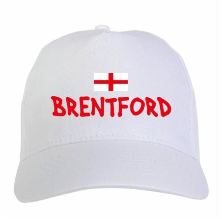 Cappellino ricamato BRENTFORD bianco - sportivo ultras, in poliestere, 5 pannelli, regolazione in velcro