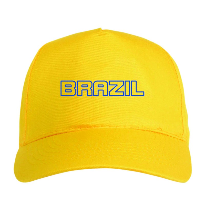 Cappellino ricamato BRAZIL giallo - sportivo ultras, in poliestere, 5 pannelli, regolazione in velcro