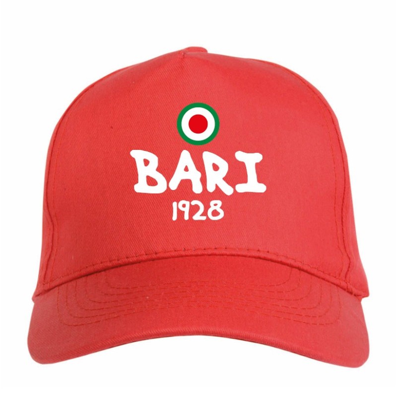 Cappellino ricamato BARI rosso - sportivo ultras, in poliestere, 5 pannelli, regolazione in velcro