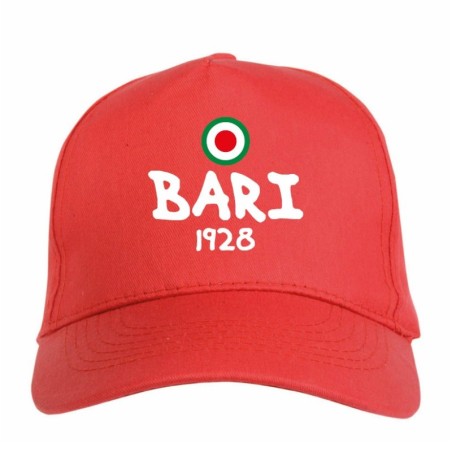 Cappellino ricamato BARI rosso - sportivo ultras, in poliestere, 5 pannelli, regolazione in velcro