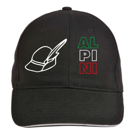 Cappellino nero scritta Alpi e cappello stilizzato 5 pannelli poliestere, slogan - replica