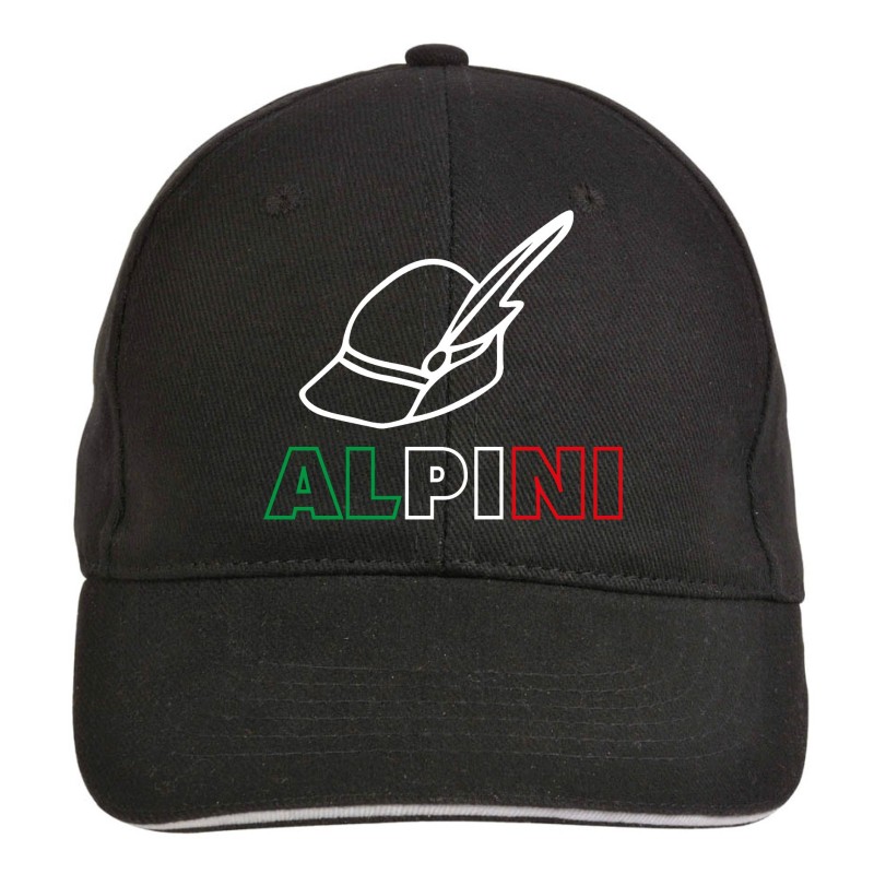 Cappellino alpini nero con cappello stilizzato tricolore 5 pannelli poliestere, slogan - replica