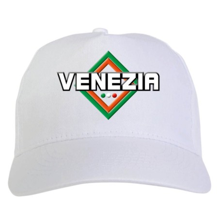 Cappellino bianco ricamato rombo Venezia con tricolore - sportivo ultras, in poliestere, 5 pannelli slogan