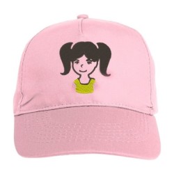 Cappellino bambina rosa ricamato stilizzato, 5 pannelli estivo logo bambina treccia nera, chiusura velcro