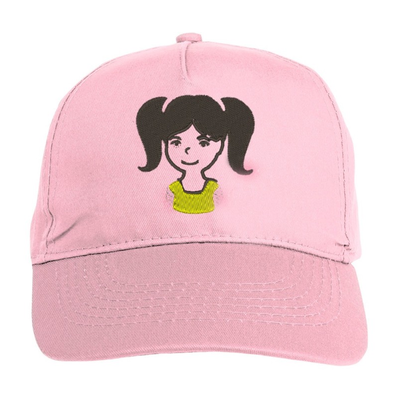 Cappellino bambina rosa ricamato stilizzato, 5 pannelli estivo logo bambina treccia nera, chiusura velcro