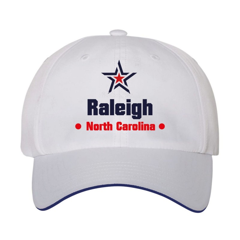 Cappellino ricamato Raleigh North Carolina stella USA America42, poliestere 5 pannelli inserto blu su becca