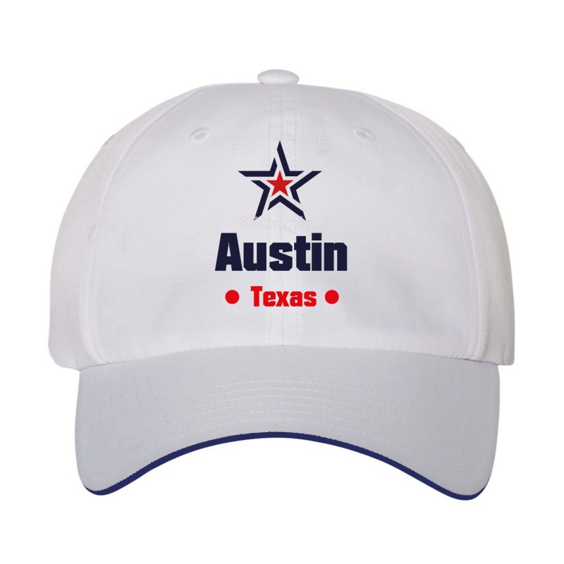 Cappellino ricamato Austin Texas stella USA America11, poliestere 5 pannelli inserto blu su becca