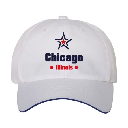 Cappellino ricamato Chicago Illinois stella USA America3, poliestere 5 pannelli inserto blu su becca