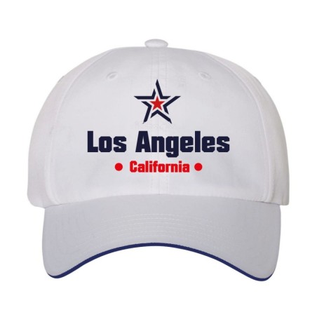 Cappellino ricamato Los Angeles California stella USA America2, poliestere 5 pannelli inserto blu su becca