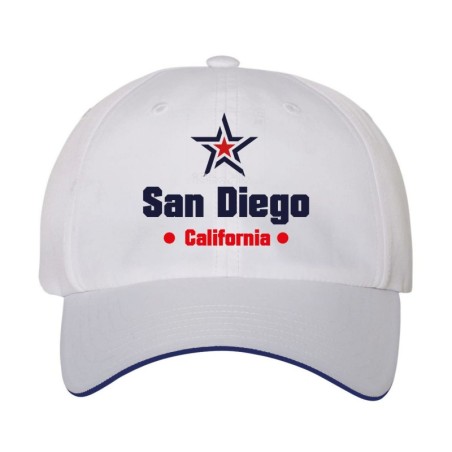 Cappellino ricamato San Diego California stella USA America8, poliestere 5 pannelli inserto blu su becca