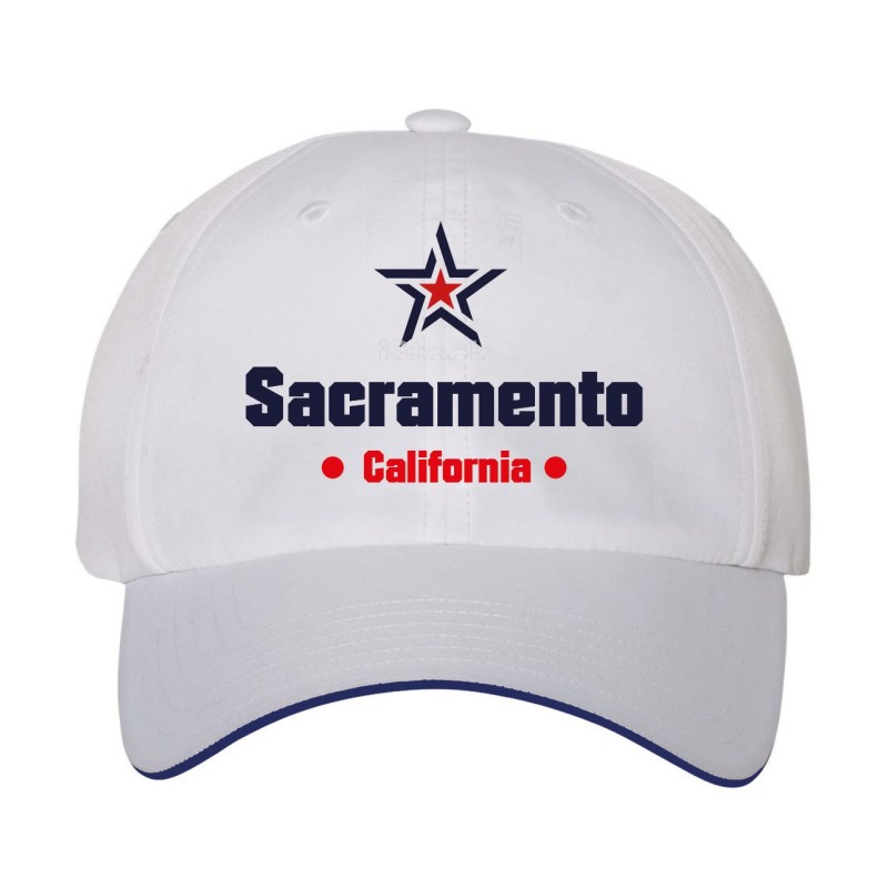 Cappellino ricamato Sacramento California stella USA America35, poliestere 5 pannelli inserto blu su becca