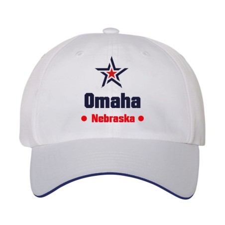 Cappellino ricamato Omaha Nebraska stella USA America41, poliestere 5 pannelli inserto blu su becca