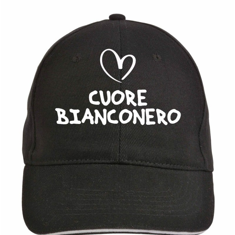 Cappellino ricamato CUORE bianconero - regolazione velcro - sportivo ultras - tifosi