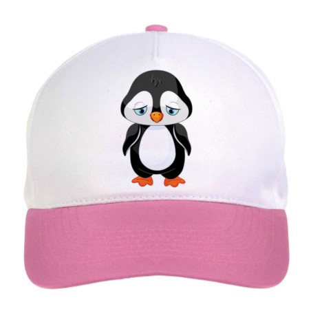 Cappellino bimba pinguino molto triste in carenza di affetto n.48 regolabile a strappo colore bianco rosa