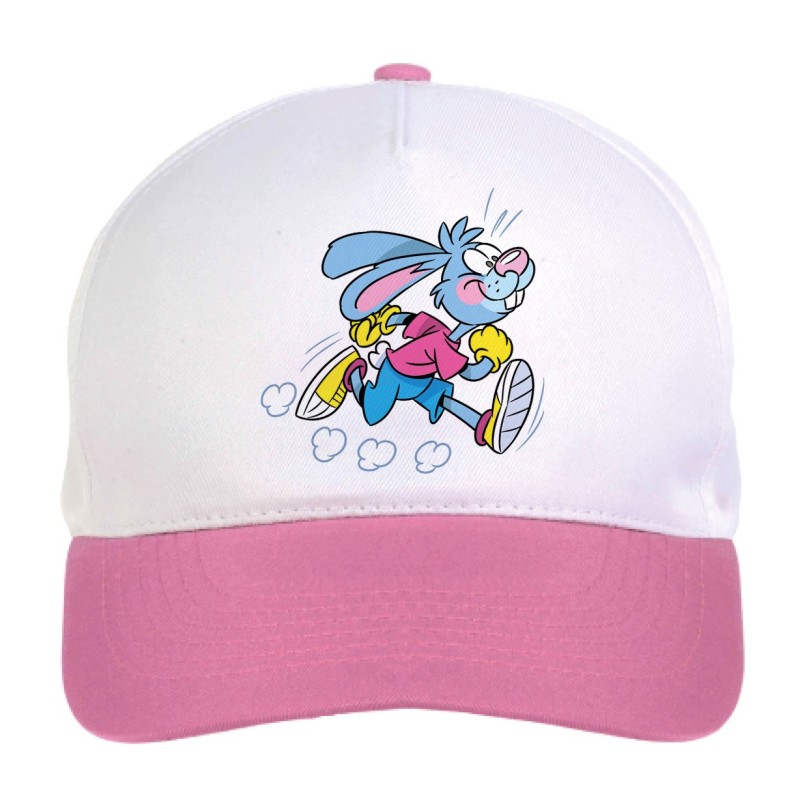 Cappellino bimba coniglio blu che corre n.73 regolabile a strappo colore bianco rosa