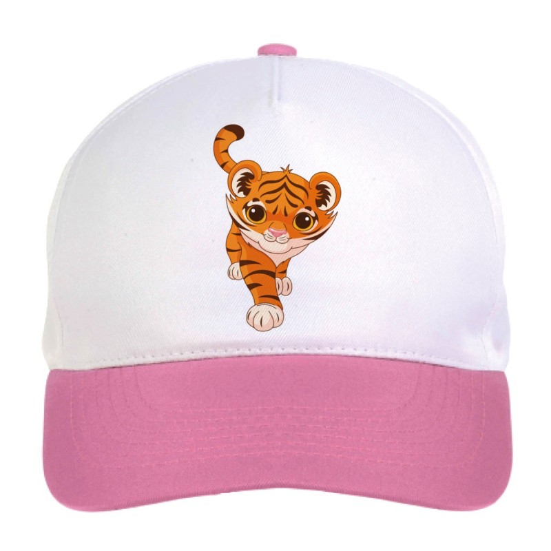 Cappellino bimba tigre in cerca di attenzioni n.83 regolabile a strappo colore bianco rosa