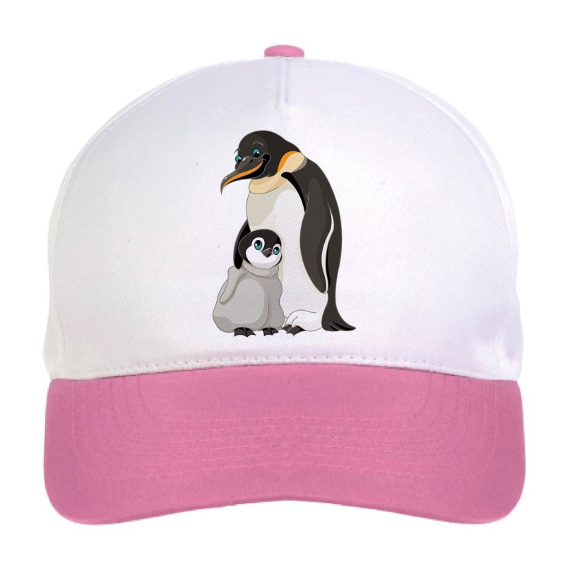 Cappellino bimba pinguino papà coccola il cucciolo n.90 regolabile a strappo colore bianco rosa