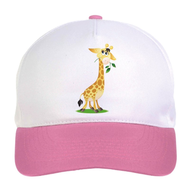 Cappellino bimba mini giraffa con in bocca un rametto n.124 regolabile a strappo colore bianco rosa