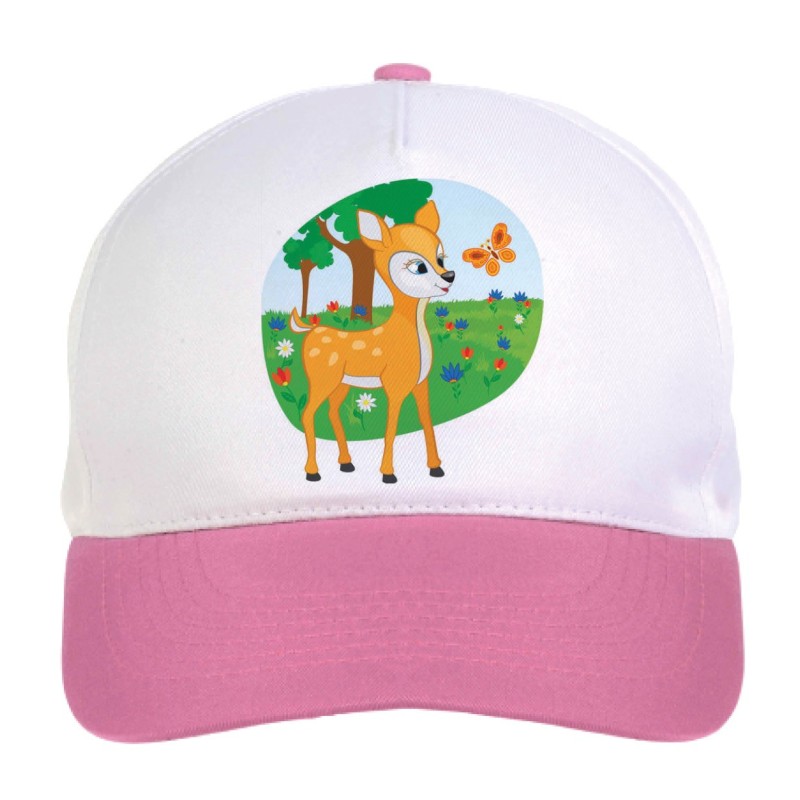 Cappellino bimba bambi scherza con una farfalla n.131 regolabile a strappo colore bianco rosa