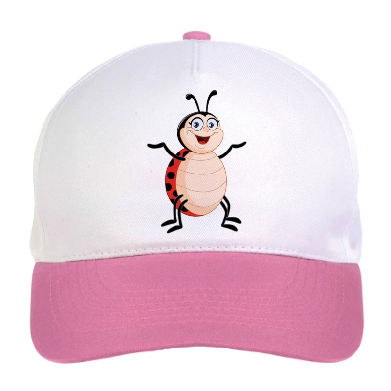 Cappellino bimba coccinella su quattro zampe n.133 regolabile a strappo colore bianco rosa