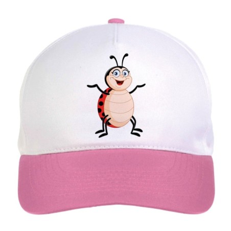 Cappellino bimba coccinella su quattro zampe n.133 regolabile a strappo colore bianco rosa