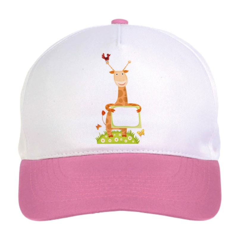 Cappellino bimba giraffa e uccellino con una lavagna n.136 regolabile a strappo colore bianco rosa