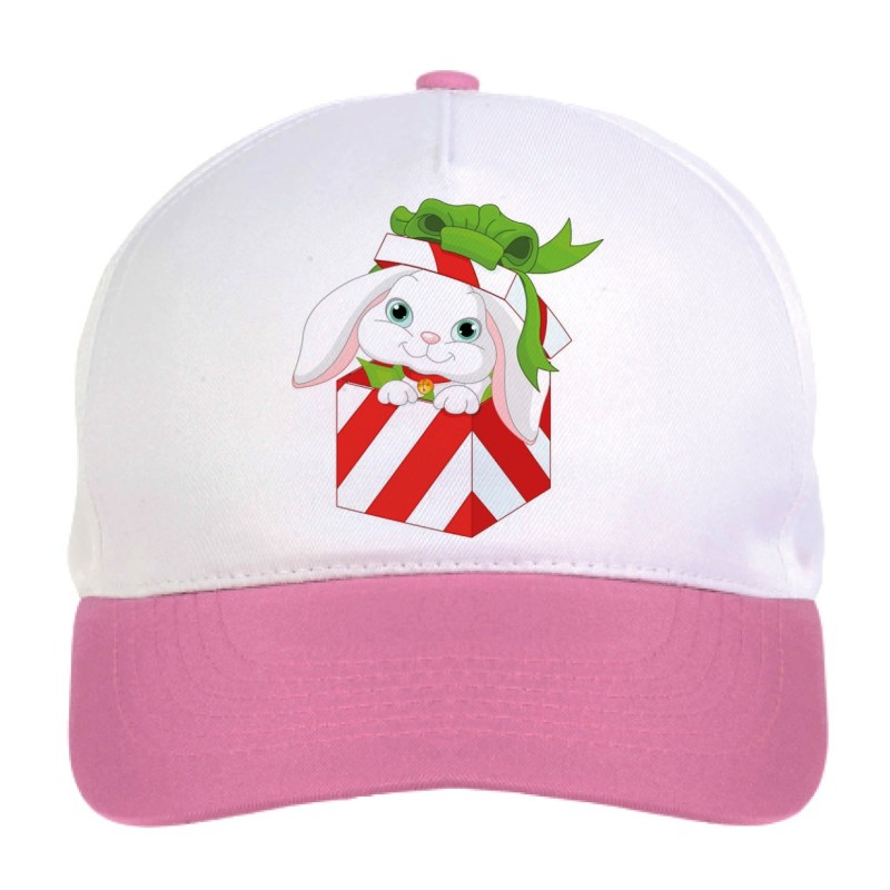 Cappellino bimba coniglio sbuca dalla scatola regalo n.152 regolabile a strappo colore bianco rosa