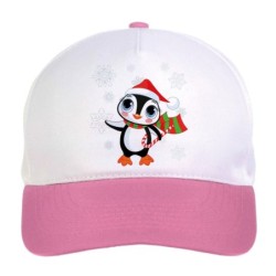 Cappellino bimba pinguino con cappello e dolci natalizi n.162 regolabile a strappo colore bianco rosa