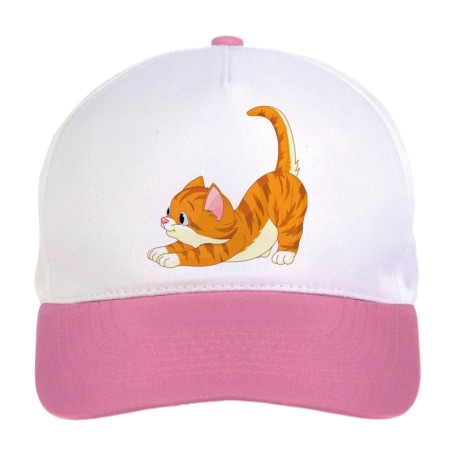 Cappellino bimba gatto si stiracchia facendo le fusa n.181 regolabile a strappo colore bianco rosa