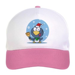 Cappellino bimba pinguino sotto la neve n.186 regolabile a strappo colore bianco rosa