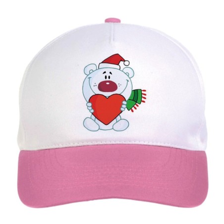 Cappellino bimba orso bianco con cuore rosso n.187 regolabile a strappo colore bianco rosa