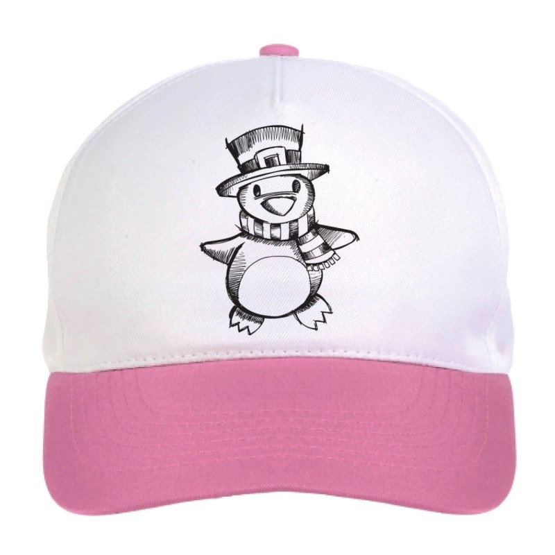 Cappellino bimba pinguino coperto disegnato n.192 regolabile a strappo colore bianco rosa