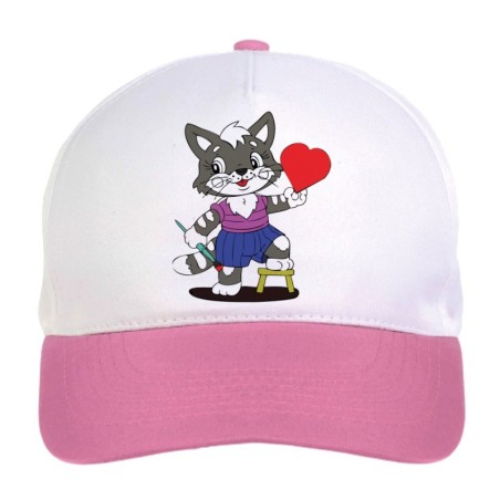 Cappellino bimba gatto pittore di cuori n.203 regolabile a strappo colore bianco rosa