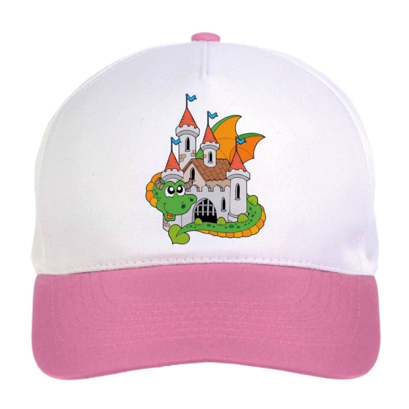 Cappellino bimba drago abbraccia il suo castello n.212 regolabile a strappo colore bianco rosa