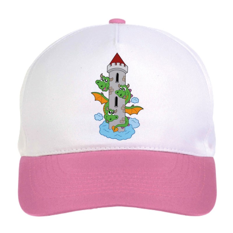 Cappellino bimba draghi abbracciano la torre n.213 regolabile a strappo colore bianco rosa