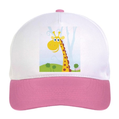 Cappellino bimba giraffa nel prato sorridente n.224 regolabile a strappo colore bianco rosa