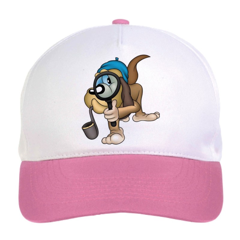 Cappellino bimba cane detective con pipa n.239 regolabile a strappo colore bianco rosa