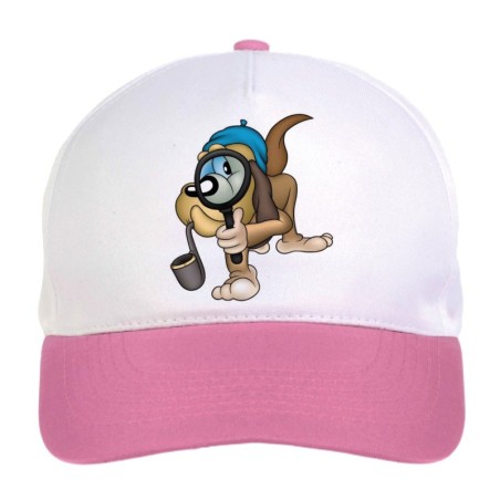 Cappellino bimba cane detective con pipa n.239 regolabile a strappo colore bianco rosa