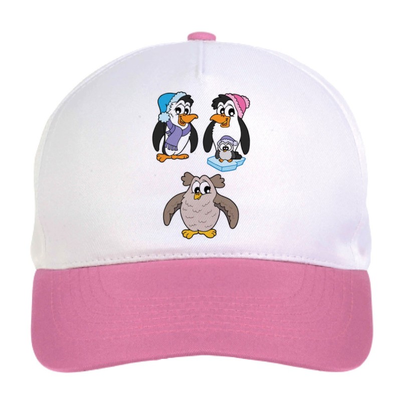 Cappellino bimba famiglia di pinguini con gufetto n.244 regolabile a strappo colore bianco rosa