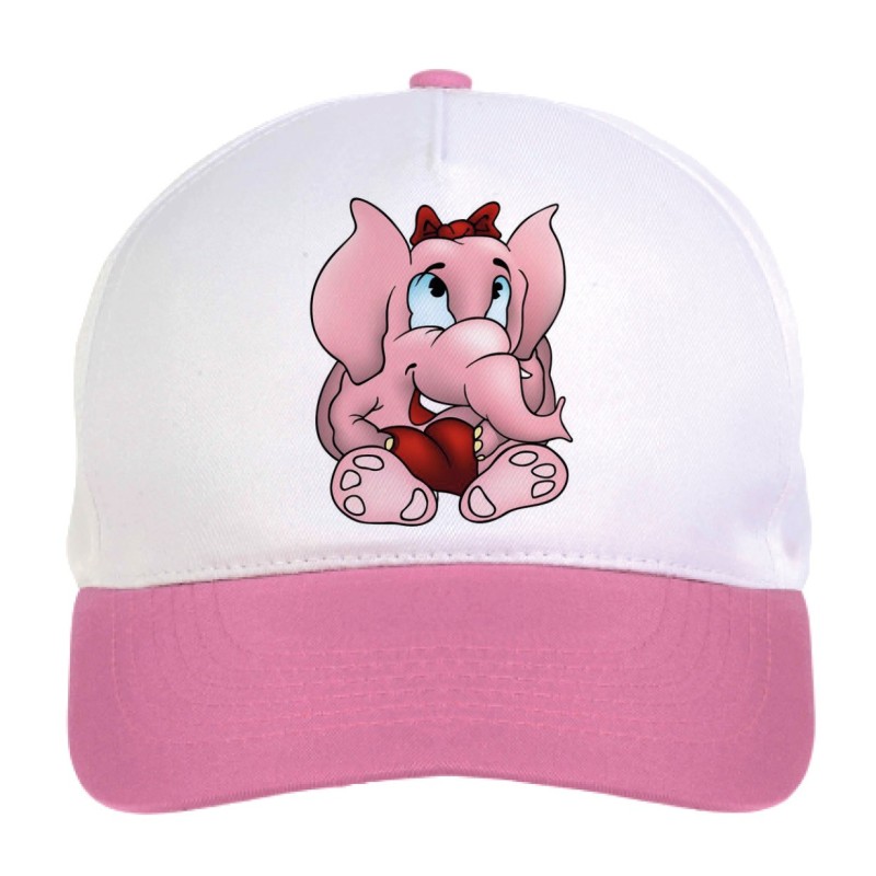 Cappellino bimba elefante rosa con cuore n.250 regolabile a strappo colore bianco rosa